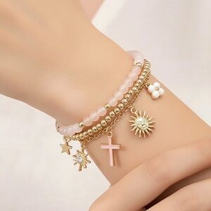 3PCS Cross Flower Star Sunburst Pearl Metal Ball Beaded Stretch Multi Bracelets